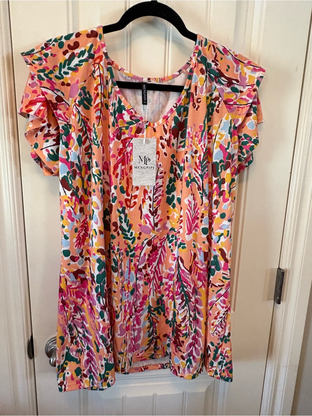 Peach Multicolor Flutter Sleeve Women's Top